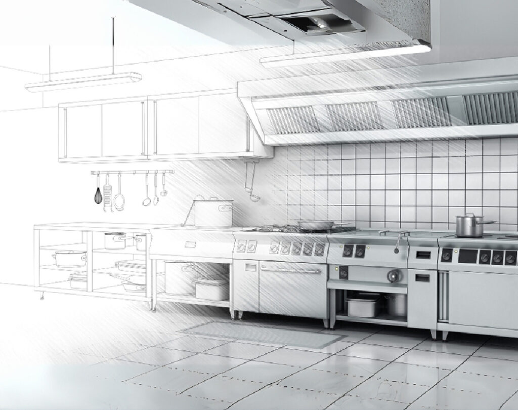 Schéma d’étude technique et plan d’installation de cuisine professionnelle au Maroc.